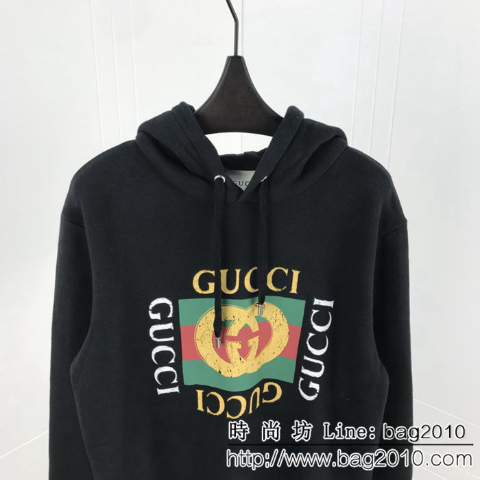 GUCCI古馳 18FW秋冬新款 OS版型 厚毛圈帽衫 做舊雙環G圖案 手工領口破壞 最高版本情侶款 ydi2294